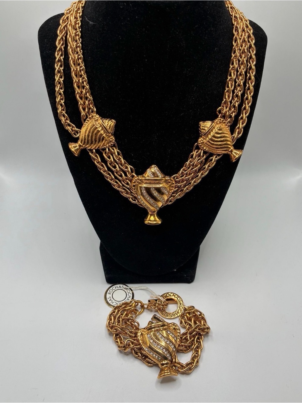 Rochas Gold Multi-strand necklace and matching bracelet rare. New old stock